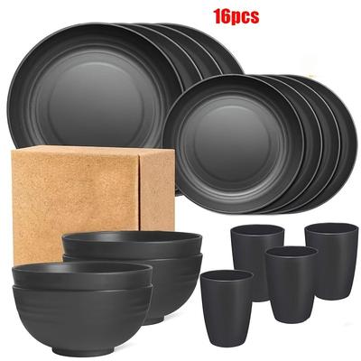 TEMU 16pcs/set Of Indestructible Plates, Shatterproof Tableware Set, Microwave Dishwasher Safe, Reusable Tableware, Black Set Of 8 Plates, 4 Bowls, 4 Cups - Suitable For Camping And Daily Use Image