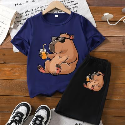 "TEMU Boys' Summer Short Sleeve " Of Capybara" Printed T-shirt And Shorts Set" Image