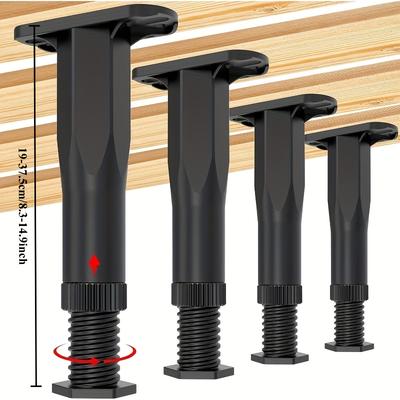 "TEMU 4pcs Adjustable Heavy-duty Bed Frame Support Legs - Extra Plastic Furniture Feet For Beds, Sofas, Dressers & More, Black, 8.3"-" Height Adjustment, Locking Nuts, , Stable & Quiet Design" Image