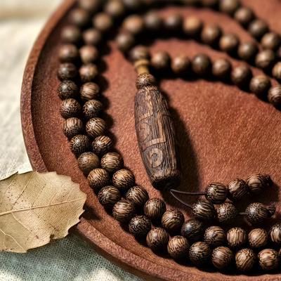 TEMU Vintage Style 108-bead Mala - Authentic Vietnamese Agarwood, Natural Wood Meditation Beads With Carved Wood Pendant - Traditional Ethnic Handcrafted Jewelry Accessory Image