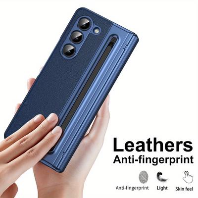 TEMU One-piece Pen Slot With Stylus, Folding Mobile Phone Case Protective Cover, Light Luxury Leather, , Suitable For Zfold6/zfold5/zfold4/zfold3 Image
