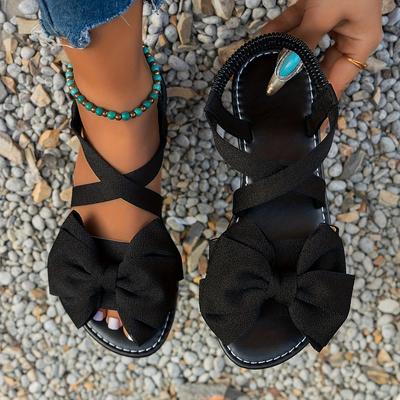 TEMU Women' Black Sandals With Large Bow Accent - Open Toe, Strappy Ankle Design, Beach And Summer , Summer Footwear | Bow Accent Sandals | Tpr Sole Sandals Image