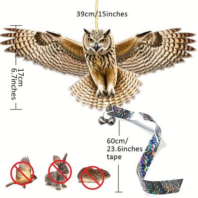 TEMU Newly Designed Large Owl Bird Repeller With 2 Bells And 60cm Reflective Tape , Protecting , Gardens, Yards, And Crops Image