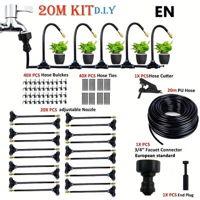 "TEMU 20m Micro Drip Irrigation Kit With Adjustable 7.87" Brass Mist Nozzle - Automatic Watering System For Efficient Balcony & Greenhouse Gardening, Euro-, No Electricity Required" Image