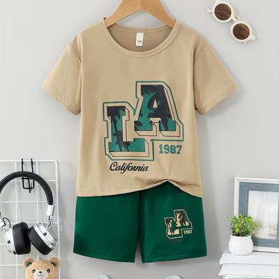 TEMU Boys' Summer Casual Outfit Set - La 1987 Print Beige T-shirt & Green Shorts, Polyester Blend, Round Neck, Short Sleeves - Stylish & Comfortable, Summer Clothes For Teens, Outdoor Image