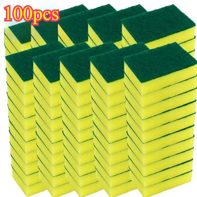 TEMU 100pcs Soft Absorbent Kitchen Sponges - Green & Yellow, Non-scratch Dishwashing Pads For Cleaning Dishes, , Dishwashing Essentials | Decorative Sponges | Absorbent Material Image
