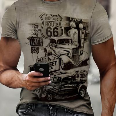 TEMU Men's Casual Short Sleeve Crew Neck Polyester Print T-shirt, Summer Outdoor Wear, Regular Fit Image