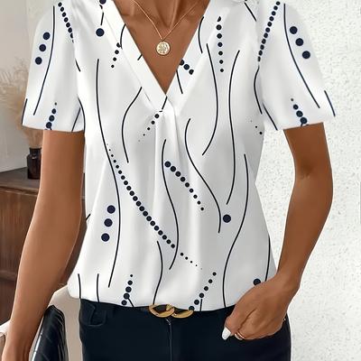 TEMU Women's Plus Size Elegant V-neck Short Sleeve T-shirt With White Polka Dot Print - Non-stretch Fabric, Spring/fall Casual Wear, Casual Wear| Top|nonstretch Fabric Image