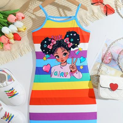 TEMU Girls' Rainbow Striped Cartoon Girl Pattern Casual Knit Sundress With Random Color Stripes Image