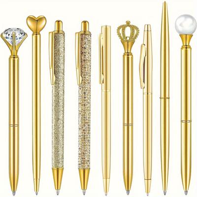 TEMU 9pcs Golden Ballpoint Pens, Writing Pens, Signature Pen, Fancy Pens, Metallic Crystal Pens, Diamond Pens, Black Ink Writing - Suitable For Business, Office, Supplies, Weddings, Fine Writin Image