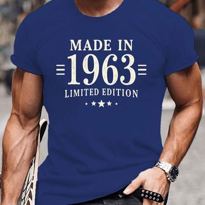"TEMU Men's "made In 1963 Edition" Graphic T-shirt - Casual Crew Neck, Short Sleeve, Summer Tee With Vintage Design, Dark Color, Casual Attire | |" Image