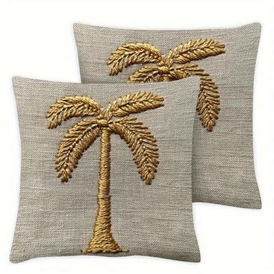 TEMU 2pcs Golden Palm Tree Embroidery Pillow Covers, 17.72x17.72 Inch - Soft Polyester Fabric, Zipper Closure, Machine Washable, Living Room, Bedroom, Or Office Decor (pillow Insert Not Included) Image