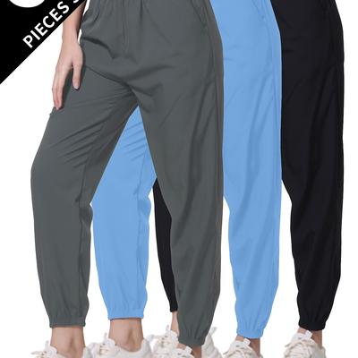 TEMU 3pcs Women's Lightweight Joggers - Elastic Waist, Solid Color, With Pockets | Ideal For Summer Running & Hiking Image