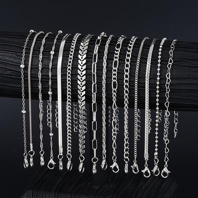 TEMU 15pcs Bracelet And Anklet Set, Women's Bracelets With Anklets, High-quality Summer Beach Style Beaded Chain, Box Chain, Snake Bone Chain, Perfect Gift For Ladies' Beach Party Or Date Image