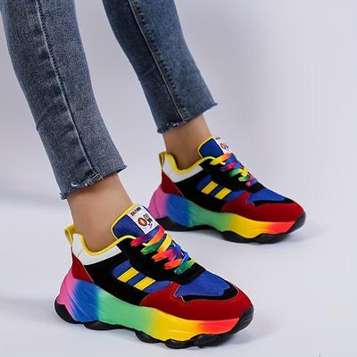 TEMU Women's Breathable Athletic Sneakers - Colorful Gradient Design, Thick Rubber Sole, Anti-slip, Lace-up Casual , Low-top Sporty Style Image