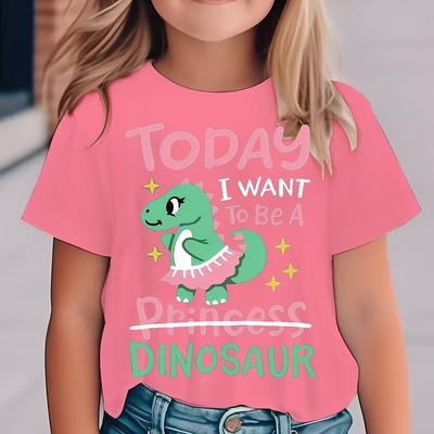 "TEMU Adorable Girls' Dinosaur Print T-shirt - Soft Polyester, Crew Neck, Short Sleeve - "today A Princess" Design With Cartoon Dinosaur & Stars - Spring/summer/fall - Pink" Image
