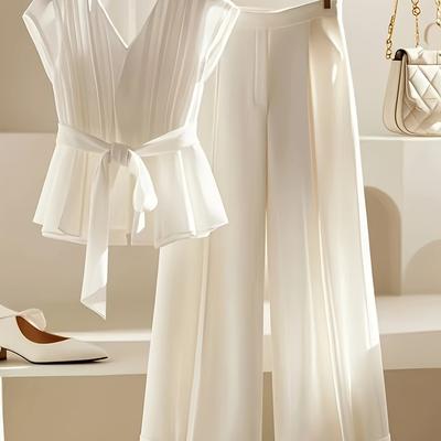 TEMU Summer Suit Women 2025 New Slimming Fashion French Solid Color Top And Pants Two-piece Set Image