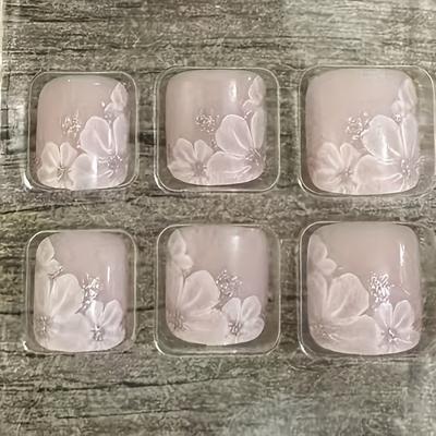 TEMU 24pcs Handmade Floral Glitter Press-on Nails - Square Short Reusable Nail Art Stickers With Pink Flowers & Rhinestones For Feet, Elegant Design For Parties Weddings Image