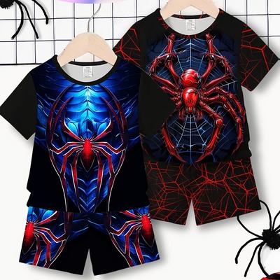 TEMU Issued 1 Set, Boys' Suit, 3d Spider Print Pattern. Hand-cutting, Suitable As Holiday Gifts For , Outdoor Image