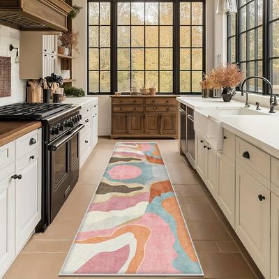 TEMU 1pc Simple And Modern Wave Patterned Long Bedroom Mat, Soft And Comfortable Living Room Decoration Mat, Easy To Clean Kitchen Floor Mat, Suitable For Bedroom, Kitchen, Laundry Room, Aisle Mat Image