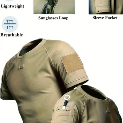 TEMU Men's Tactical Quick-dry T-shirt, Breathable & Sweat-wicking, Solid Color With Pockets, Short Sleeve, Round Neck, Black, For Outdoor Sports, Hiking & Climbing, Hiking Apparel | | Polyester Fibe Image