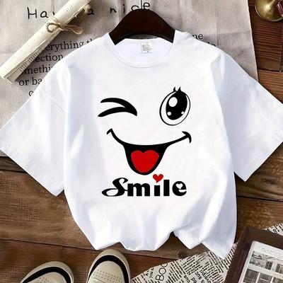 TEMU Women's Y2k Face Graphic T-shirt - Cartoon Print With Tongue & Heart Eyes, Soft Micro-elastic Non-transparent Fabric, Machine Washable Crew Neck Tee For Everyday Casual Wear, Cute Shirts Image