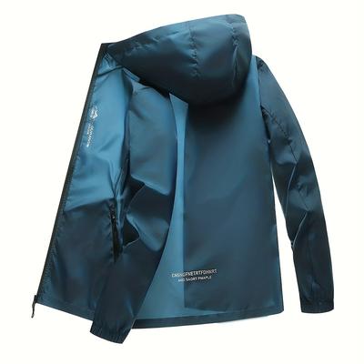 "TEMU Men's Windproof Hooded Jacket With "" Print - Casual Long Sleeve Skinny Fit, Sun Protection, Casual Wear Jacket|hooded Jacket|chain Detail" Image