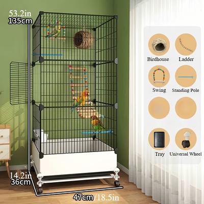 TEMU Widened Large Bird Cage, Raised Side Panels Prevent Food Splashing, With Universal Wheels For Convenient Movement, With Nest, Ladder, Swing, Stand And Tray Image
