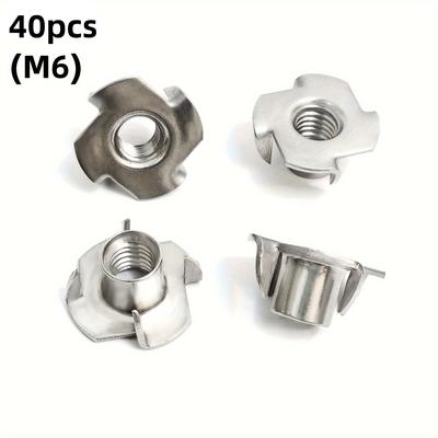 TEMU 40pcs M6 Stainless Steel T-nuts - Rust Resistant, White Galvanized Four-pronged Nuts, Suitable For Wood And Wet Image