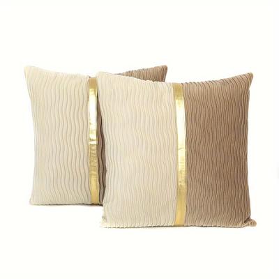 TEMU Contemporary Knit Fabric Throw Pillow Covers, 2 Pack 45x45cm, Striped Velvet Cushion Cases With Golden Leather Stitching, Zipper Closure, Machine Washable For Home Decor - Polyester, Room Types Image