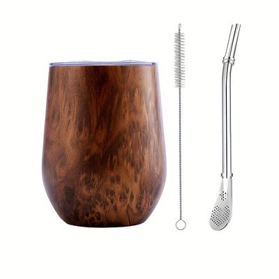 TEMU Large Yerba Mate Cup And Bombilla Kit, Includes 1 8oz Yerba Mate Gourd With Lid, 2 Bombillas Mate Straw And 1 Cleaning Brush (wood, 8.00) Image