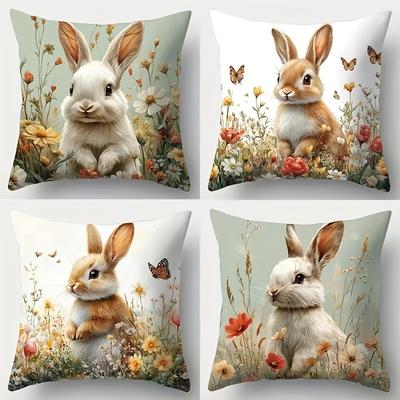 TEMU 4pcs Pillow Covers, Rabbit Print, Hand Washable, Zippered, Polyester Fabric, Suitable For Living Room Decor - Animal Theme, Light Green And White Tones Image