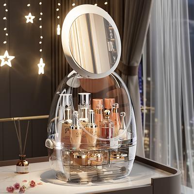 TEMU Large Capacity Clear Makeup Organizer With Rotation Mirror - , Freestanding Cosmetic Display Case For Bedroom Vanity Image