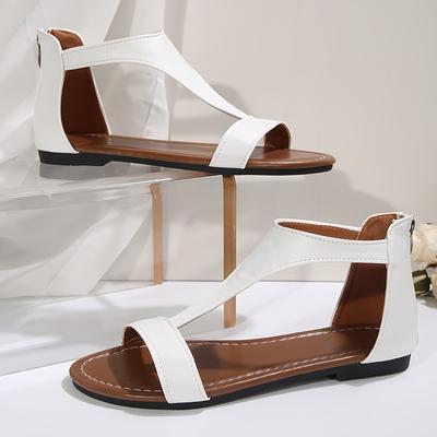 TEMU Women' Open-toe Sandals With Back Zipper - Stylish Synthetic, Flat Heel, And Decorative Straps, Casual Attire, Casual Footwear | Elegant Sandals | Synthetic Sandals Image