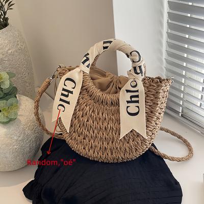 TEMU Women's Casual Beach Tote Bag With Drawstring Closure - Lightweight Straw Shoulder & Crossbody Bag With Streamers, Shopping, Vacation, And Beach , Beach Accessory||detachable Strap Bag Image