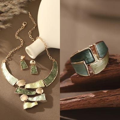 TEMU Alloy Enamel Geometric 3pcs Jewelry Sets, 1 Pair Earrings 1 Necklace 1 Ring Fashion Necklaces Set For Women Trendy, Valentine's Day Gift, Birthday Gift Image