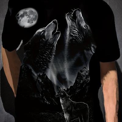 TEMU Men' Casual Wolf Print Graphic T-shirt And Mountain Scenery, 100% Polyester Crew Neck Tee With Stretch, Summer Knit Fabric Top For Adults Image