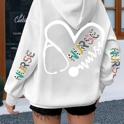 TEMU Plus Size Nurse Heart Print Hoodie, Casual Pullover With Drawstring Long Sleeves And Kangaroo Pocket, Polyester Knit Fabric With Stretch, For Women's Fashion Image