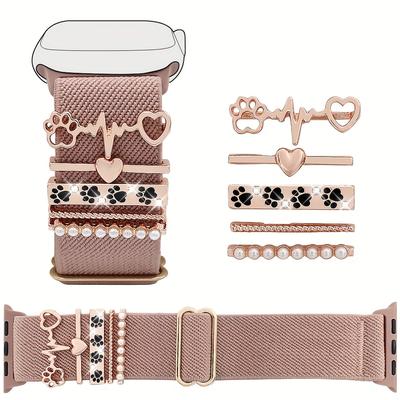 TEMU 1pc Strap + 5pcs Watch Rings New Fashionable Women's Straps Paw Decoration Compatible With Iwatch Strap Decorative Strap Image