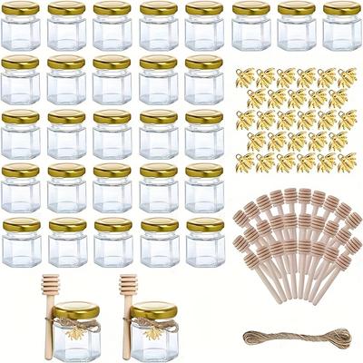 TEMU 20pcs, 30pcs 1.5oz Hexagonal Mini Glass Honey Jar-30pcs Honey Jar, Jar Bottle, Wooden Spoon, Golden Lid, Bee Pendant, Yellow Hemp-, Wedding Gift, Party Gift Image