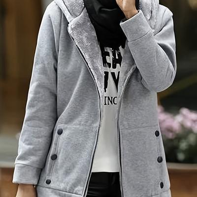 TEMU 1pc Women's Casual Fleece Hooded Jacket, Solid Color Long Sleeve Zip-up Sweatshirt With Pockets, Polyester And Spandex Knit Fabric, Fall/winter Outerwear Image