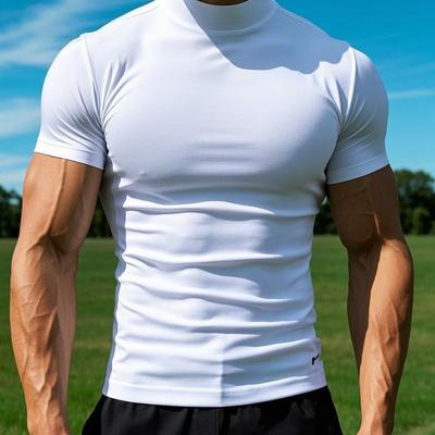 TEMU Men' High-neck Short Sleeve T-shirt - Casual Fit, Stretchy Fabric, Solid Color, Spring And Summer, Casual Wear Tee | Modern Casualwear | Glossy Finish, Essential T Shirt Image