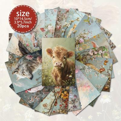 TEMU 20pcs Animal Combination Postcard Set, Cardboard, Smooth , English Language, For Scrapbooking, Junk Journal, Crafts, Greeting Cards, Watercolor Art, Holiday Decorations Image