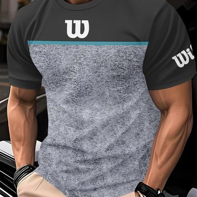 "TEMU Men's Breathable Mesh T-shirt - "w" Print, Lightweight Polyester, Casual Crew Neck For Outdoor Sports, Shopping & Traveling, Breathable Fabric | Sporty Design | Contrast Stitching" Image