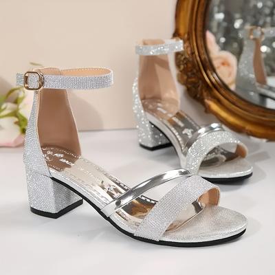 TEMU Casual Solid Color Synthetic Ankle Strap Block Heel Open Toe Lace Heel Sandals For Summer, Image