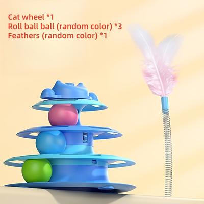 TEMU Interactive Cat Track Toy With Ball Turntable & Simulated Spring Feathers - No Batteries Needed, Durable Plastic Pet Exercise Toy For Indoor Cats, Stimulates Hunting Image
