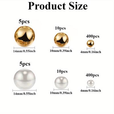 TEMU 830pcs Golden & White Glossy Plastic Pearl Beads - Non-porous Mixed Sizes (4/10/14mm) For Vase Fillers, Wedding Decor, Home Party Crafts - Shiny Elegant Decoration Accessories Image