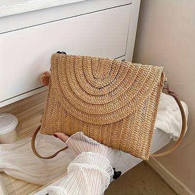 TEMU Handmade Straw Woven Clutch For Women, Summer Beach Travel Handbag With Removable Shoulder Strap, Solid Color, Scalloped Flap, Closure, Polyester Lining, Wristlet Included, Paint - Beige Image