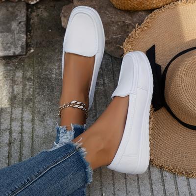 TEMU Women's Elegant White Cover Loafers - Comfortable Slip-on Shoes With Round Toe And Rubber Sole For Casual Wear, Shoes | Simple Loafer Style | Durable Shoes Image