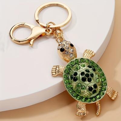 TEMU Rhinestone Inlaid Alloy Turtle Keychain - Marine Animal Pendant With Green Gemstones And Golden Accents, Fashion Accessory For Keys Or Bag Image
